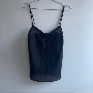 Black Sheer Bias Cut Babydoll Camisole Top with Lace and Bow